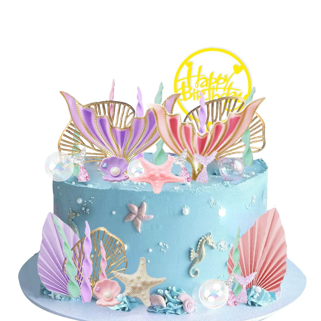 DiDida Mermaid Cake Topper Set — Big Tails, Seaweed, Bubbles, Shells & Golden Ginkgo Leaves