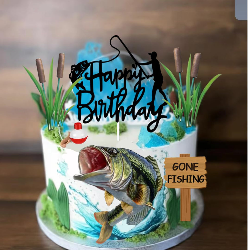 DiDida Gone Fishing Cake Topper with Largemouth Bass Sign | Fisherman Birthday
