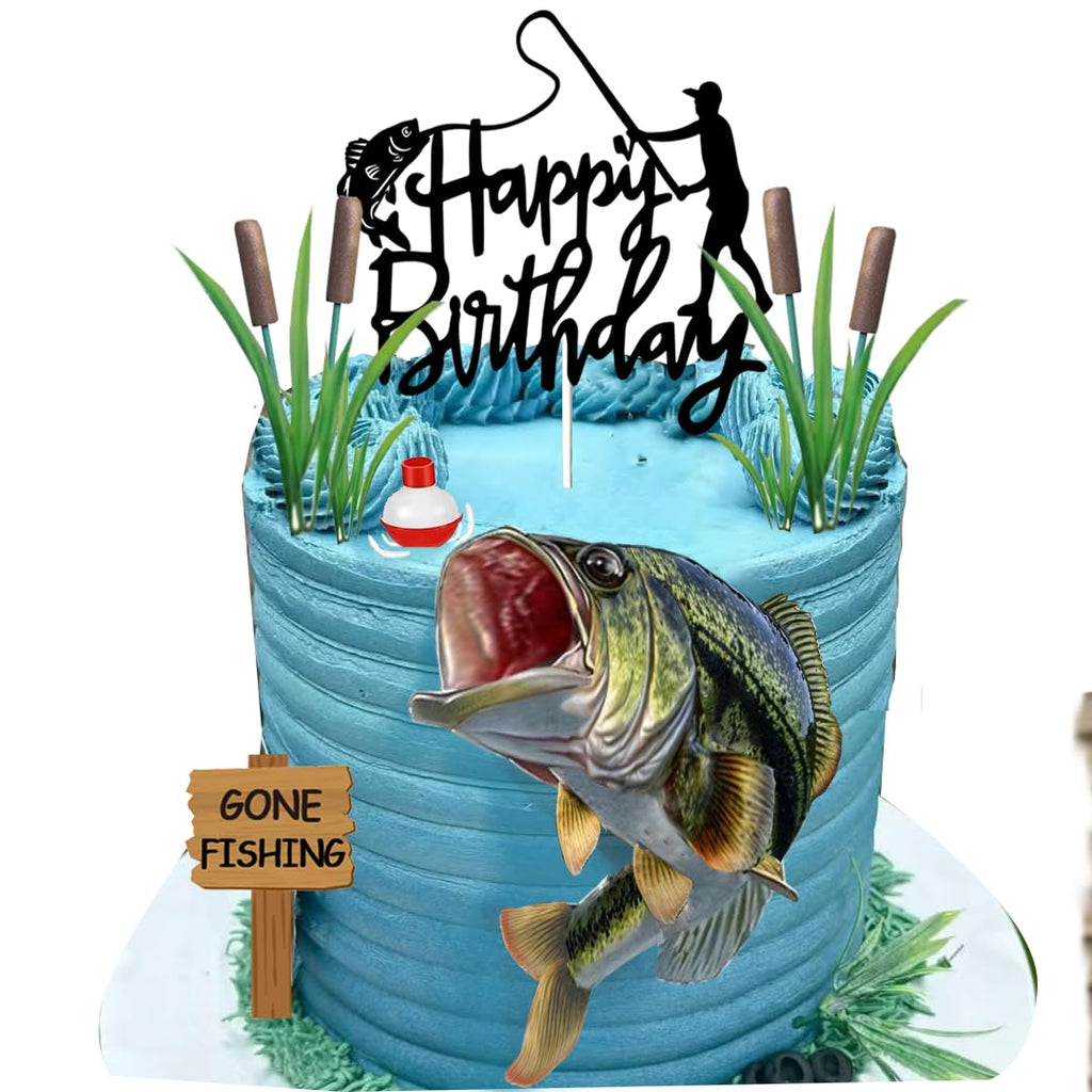 DiDida Gone Fishing Cake Topper with Largemouth Bass Sign | Fisherman Birthday