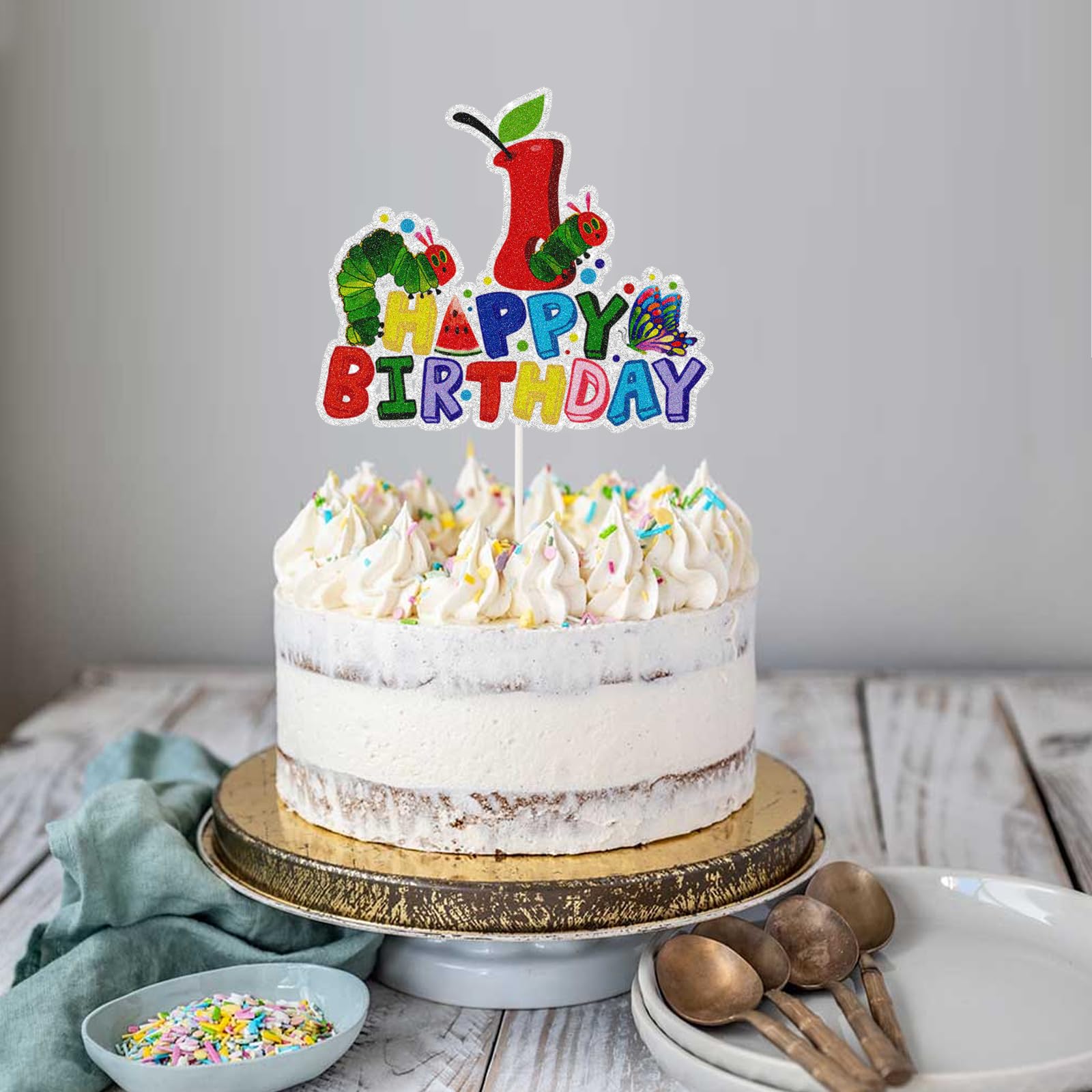 DKCTQU Hungry Caterpillar 1st Birthday Cake Topper – Reading Story Theme Decor