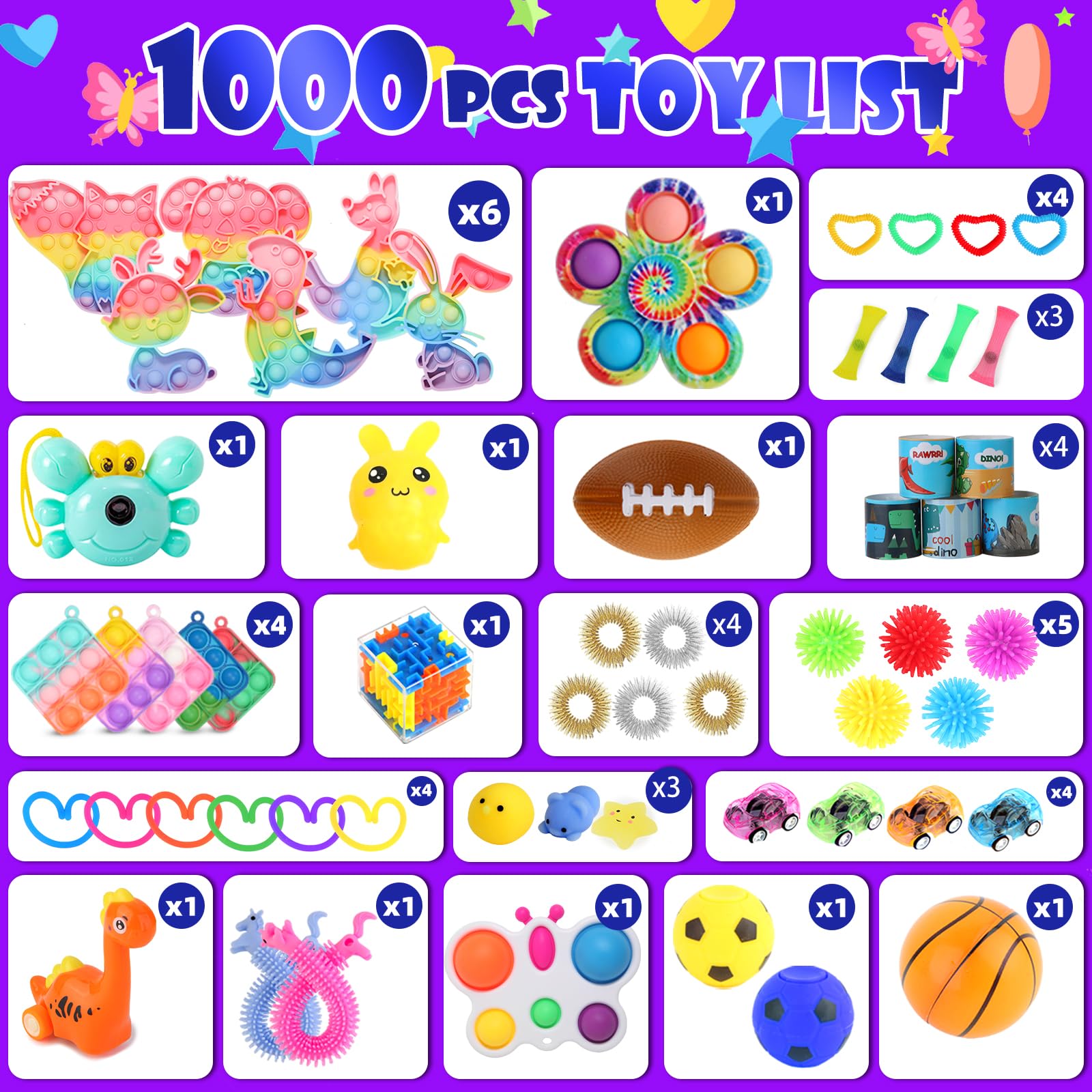 DKZ 1000Pcs Fidget Toys Pack – Bulk Party Favors & Sensory Toys