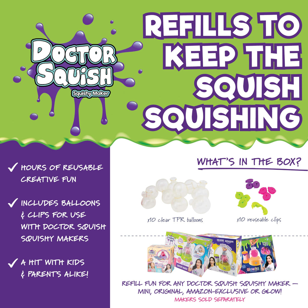 Doctor Squish Squishy Maker Refill Pack | 10 Clear TPR Balloons & 10 Reusable Clips