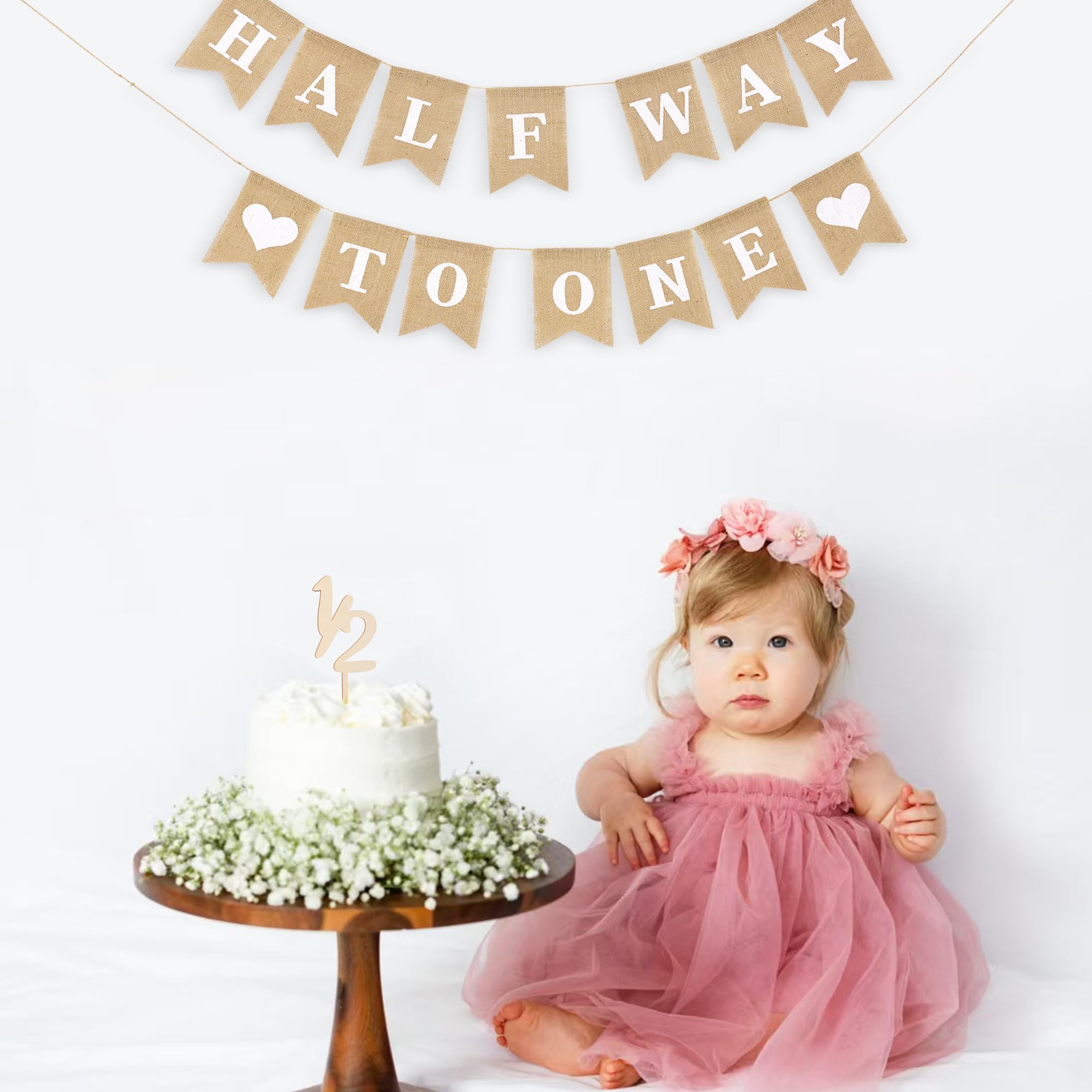 Dokuna Half Way to One Banner - Neutral Khaki 1/2 Birthday Decorations