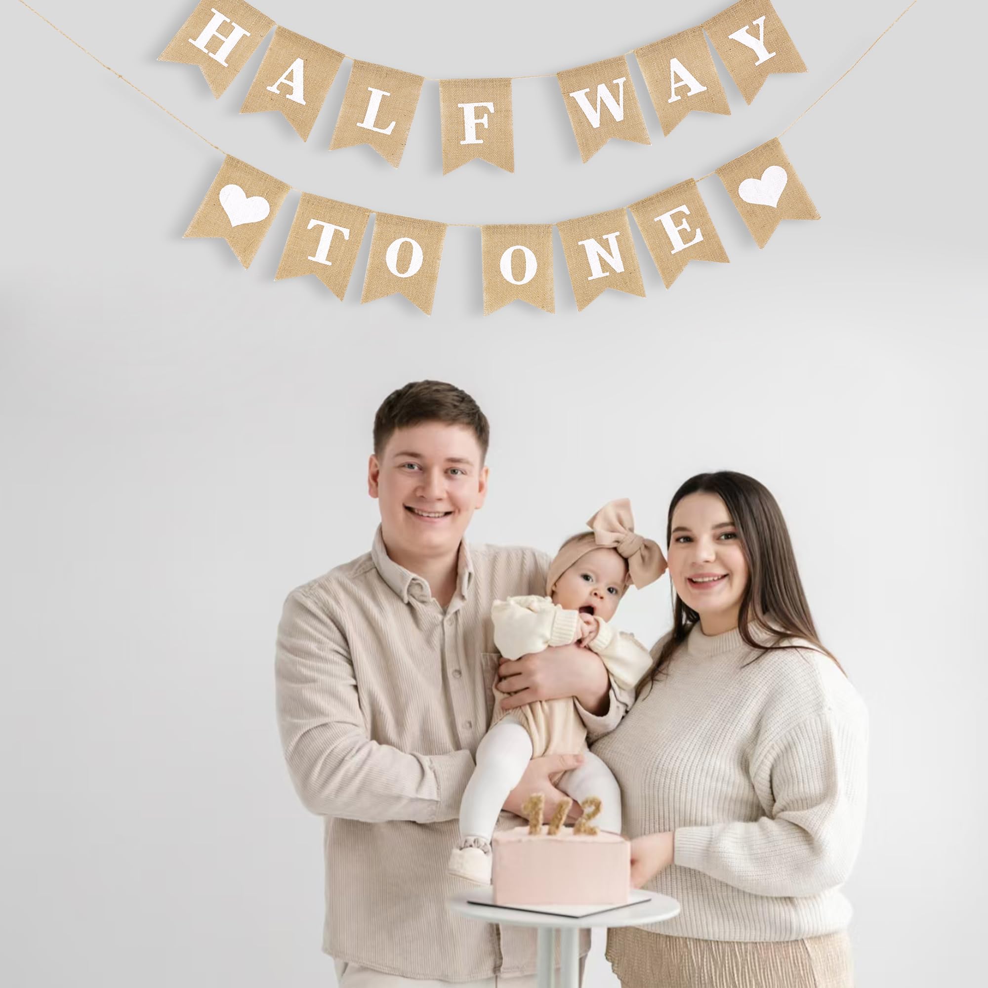 Dokuna Half Way to One Banner - Neutral Khaki 1/2 Birthday Decorations