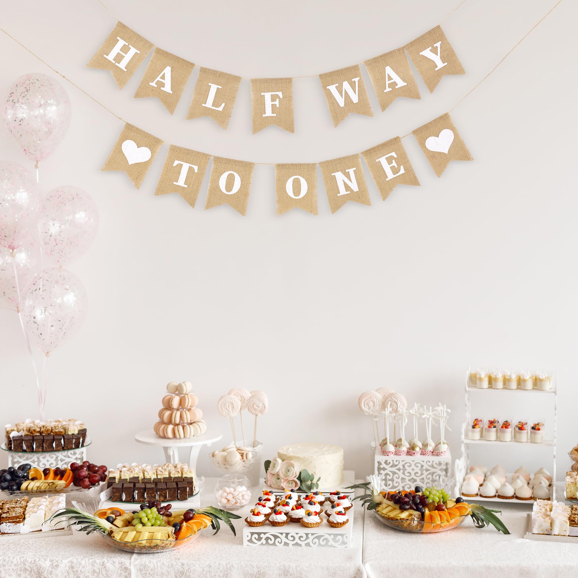 Dokuna Half Way to One Banner - Neutral Khaki 1/2 Birthday Decorations