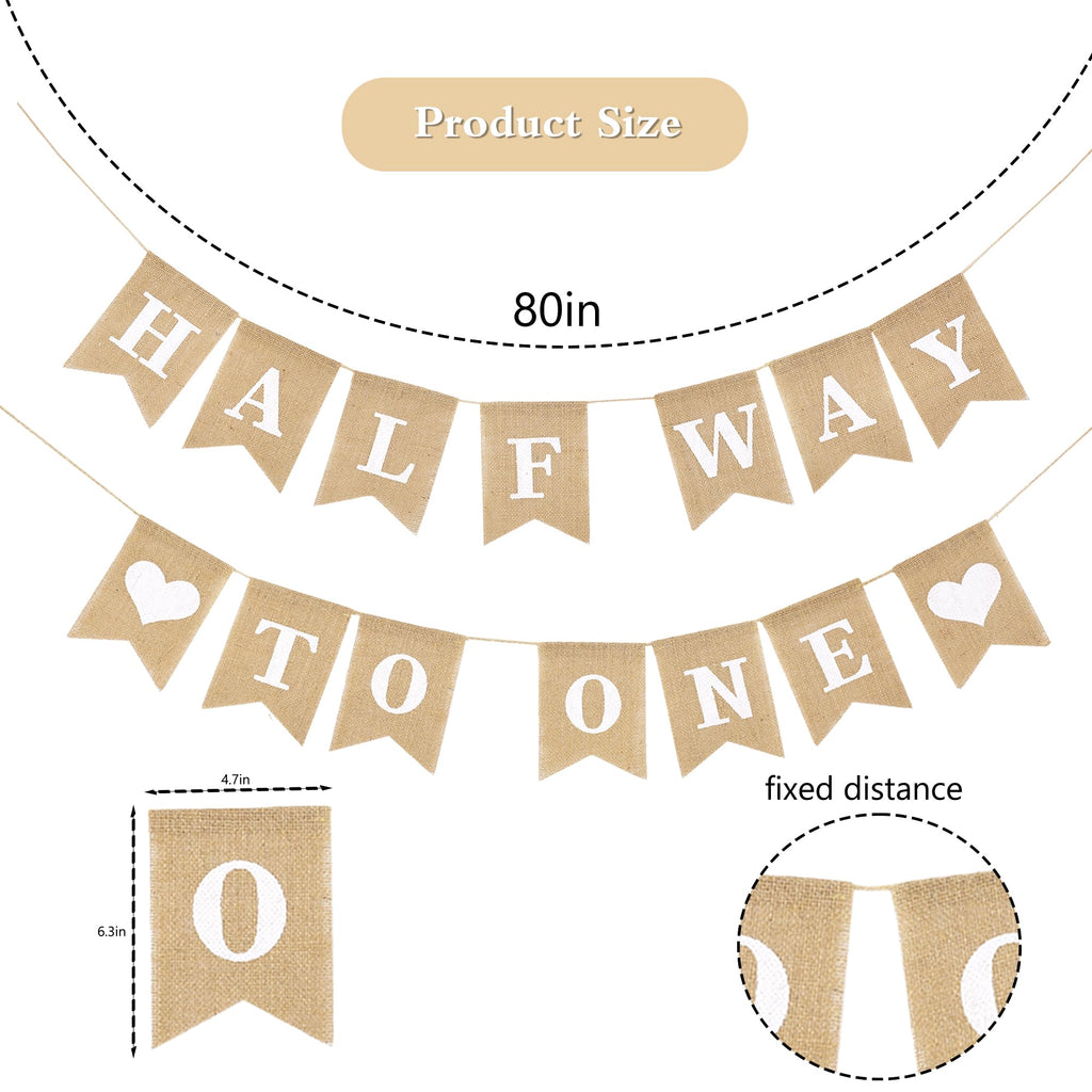 Dokuna Half Way to One Banner - Neutral Khaki 1/2 Birthday Decorations