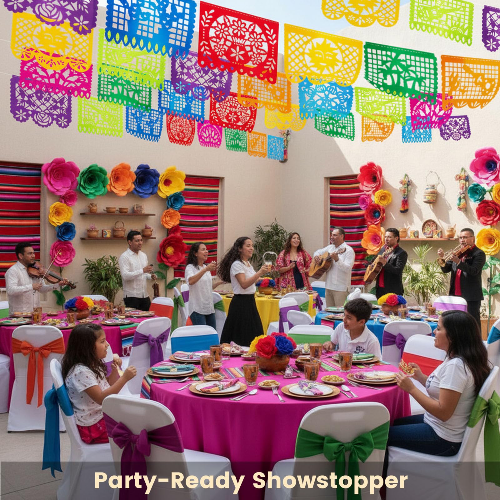 DomeStar 3-Pack Mexican Fiesta Banner | 54 ft Plastic Papel Picado Garland
