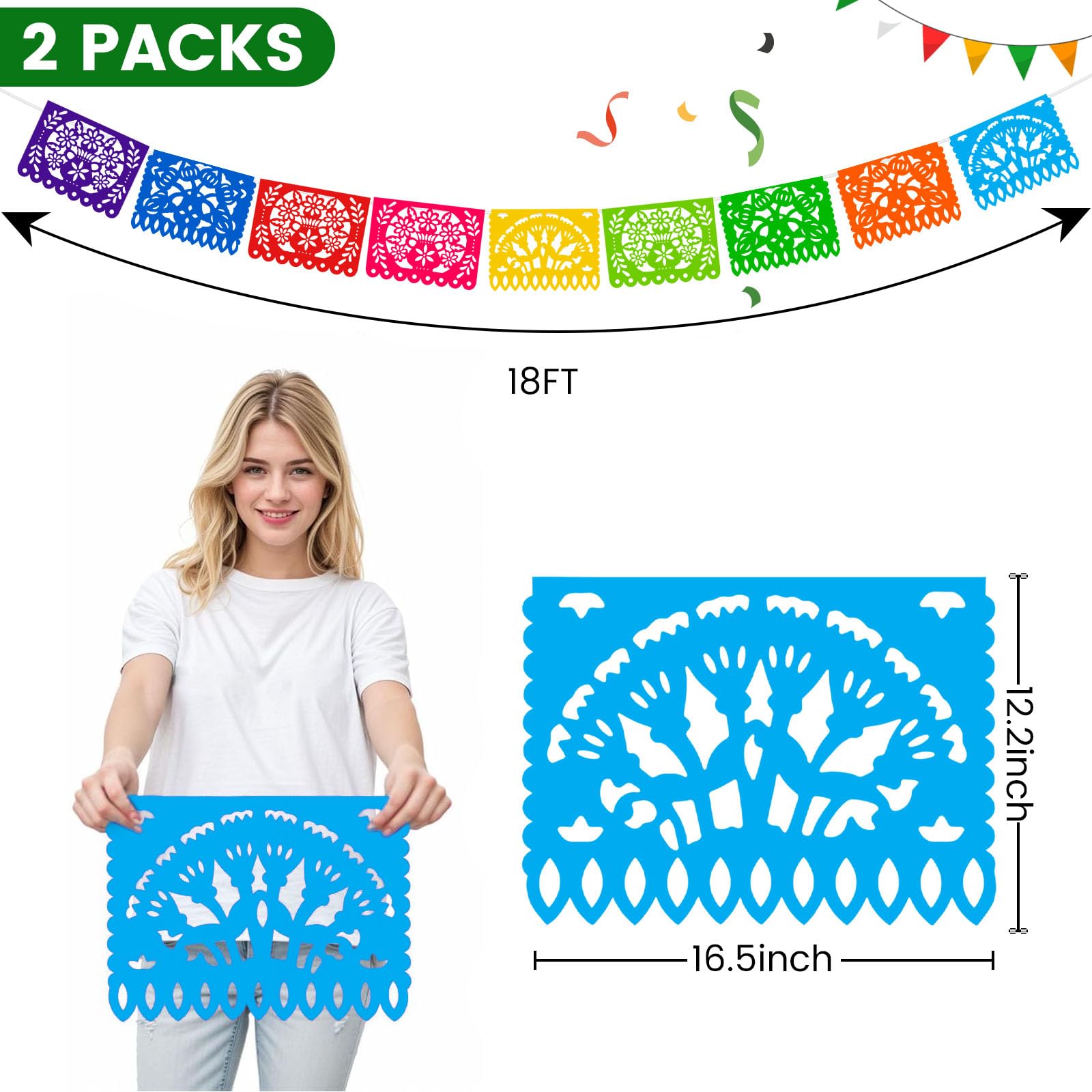 DomeStar 2PCS Mexican Papel Picado Banner – 18ft Fiesta Garland for Cinco de Mayo, Dia de los Muertos
