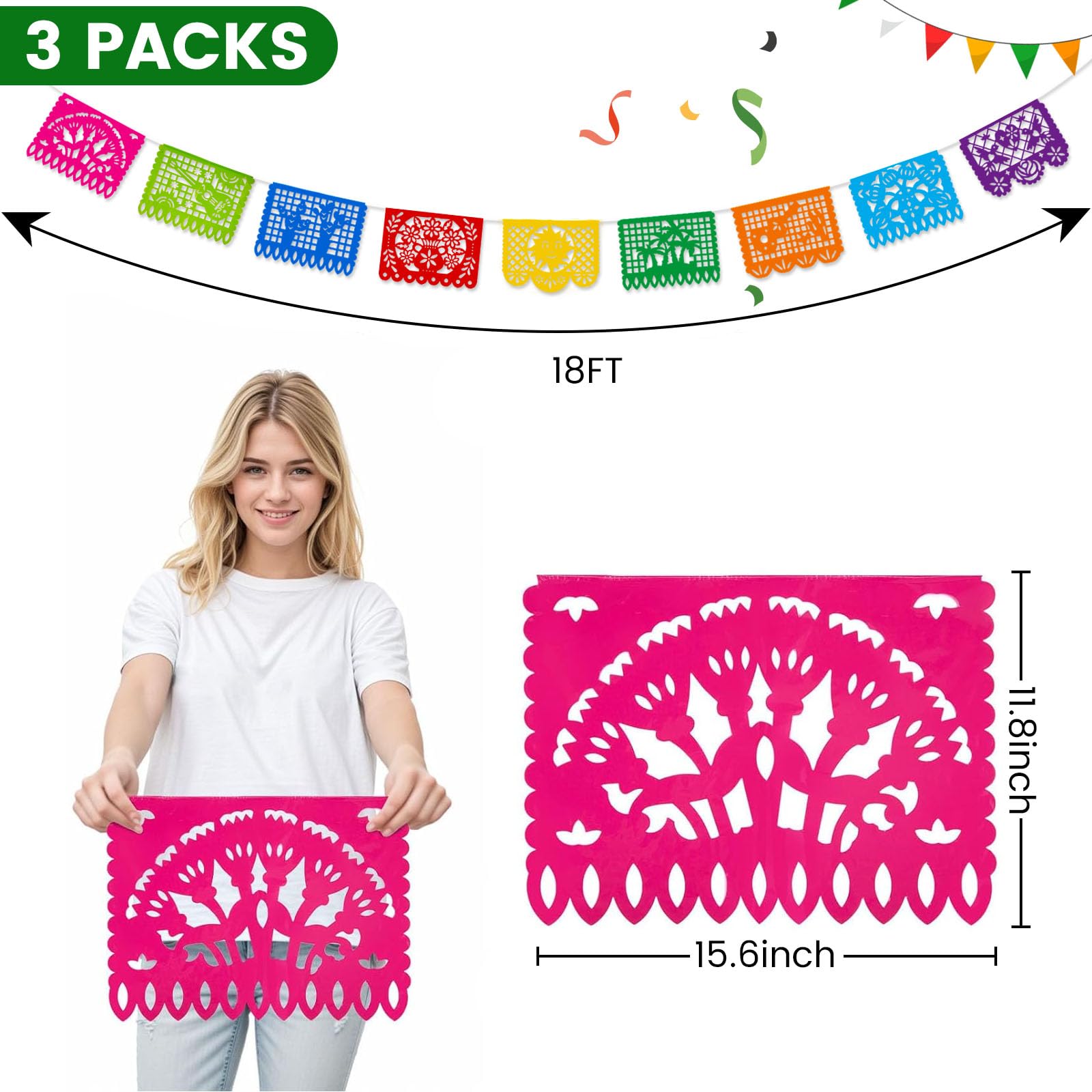 DomeStar 3-Pack Mexican Fiesta Banner | 54 ft Plastic Papel Picado Garland