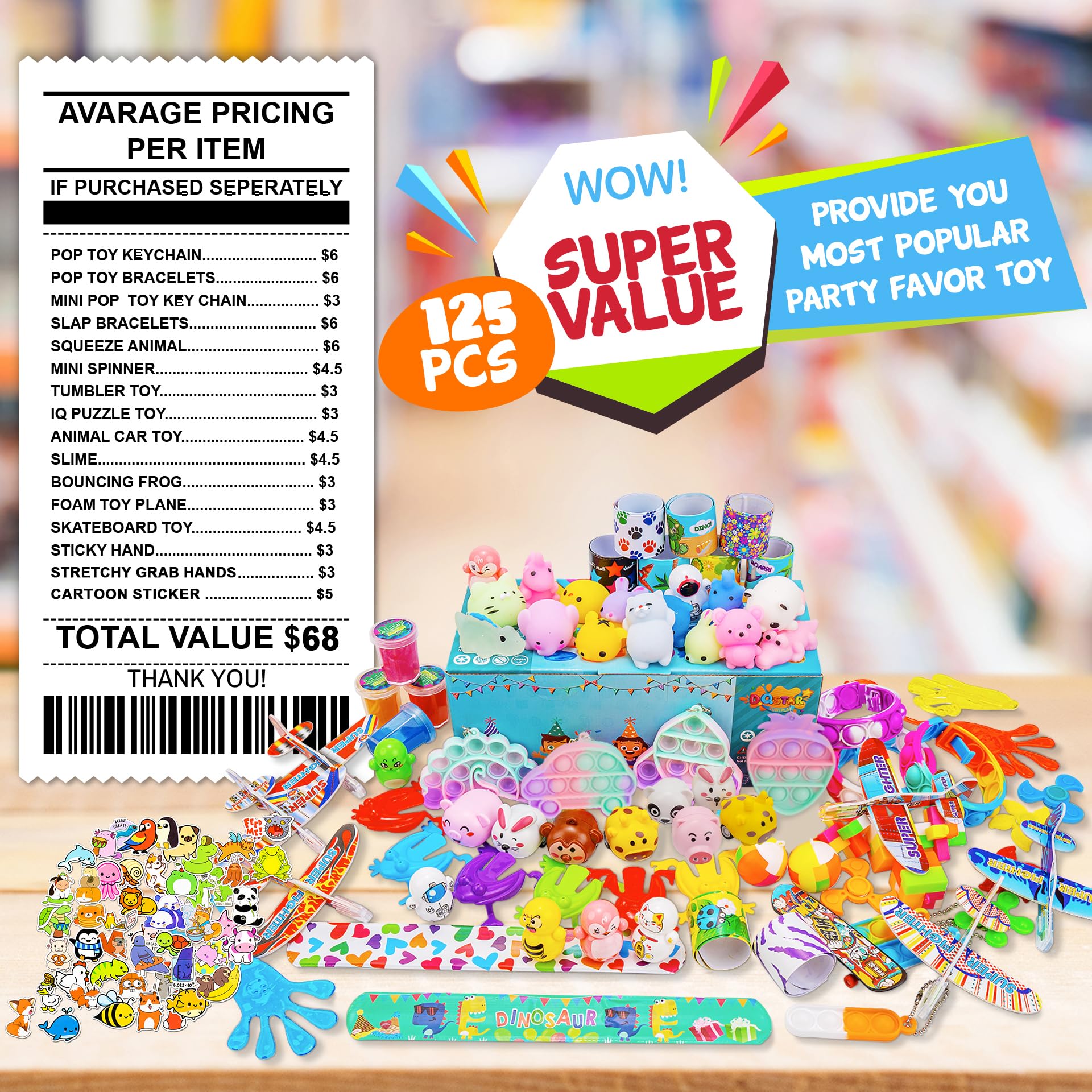 DQstar Party Favors Toy Bundle – 125-Pcs Treasure Box Prizes for Classroom & Parties