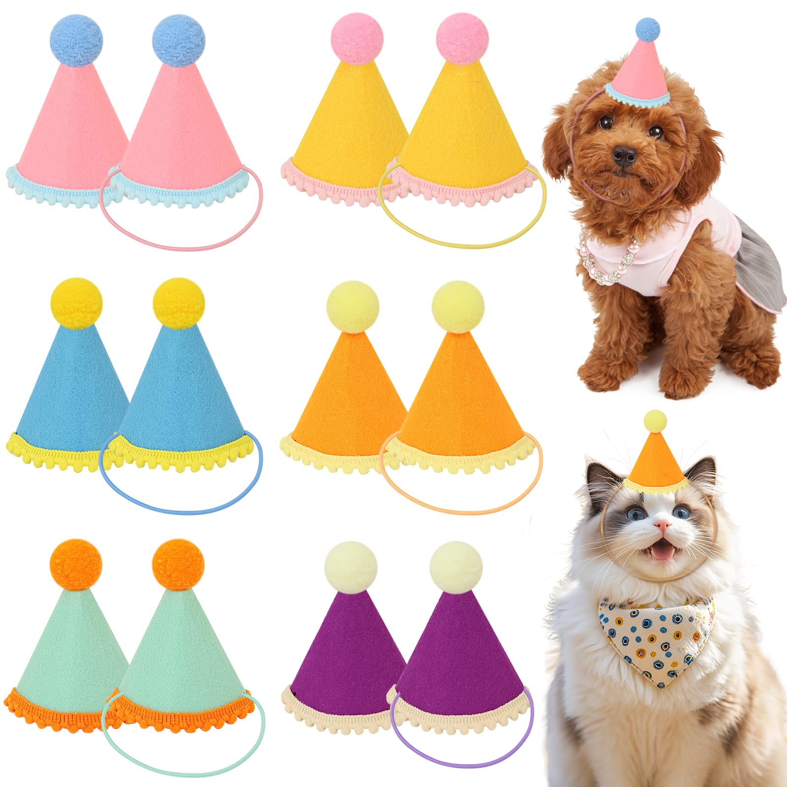 DRANSMIC 12 Pack Mini Party Hats for Stuffed Animals — Rainbow Felt Cone Hats for Dolls and Pets