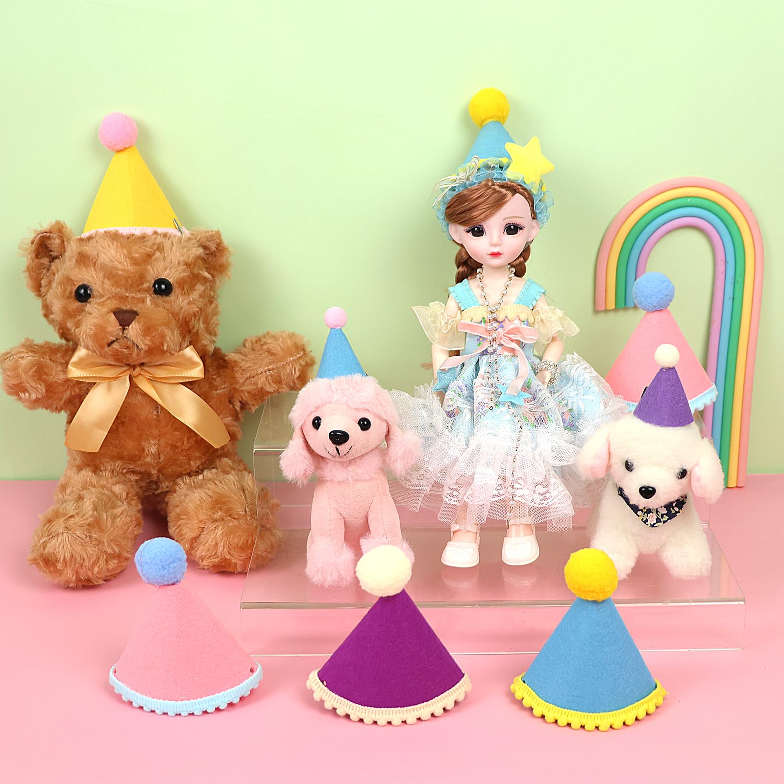 DRANSMIC 12 Pack Mini Party Hats for Stuffed Animals — Rainbow Felt Cone Hats for Dolls and Pets