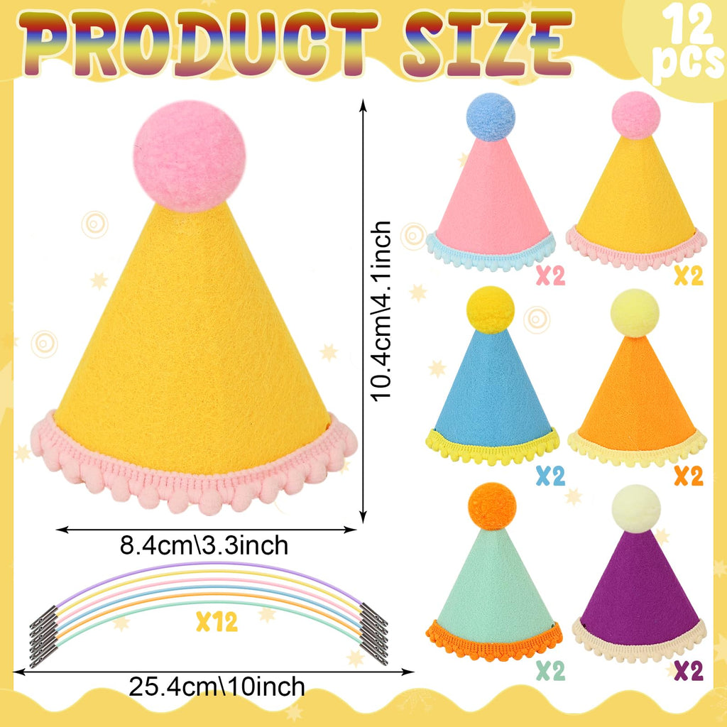 DRANSMIC 12 Pack Mini Party Hats for Stuffed Animals — Rainbow Felt Cone Hats for Dolls and Pets