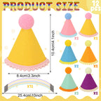 DRANSMIC 12 Pack Mini Party Hats for Stuffed Animals — Rainbow Felt Cone Hats for Dolls and Pets