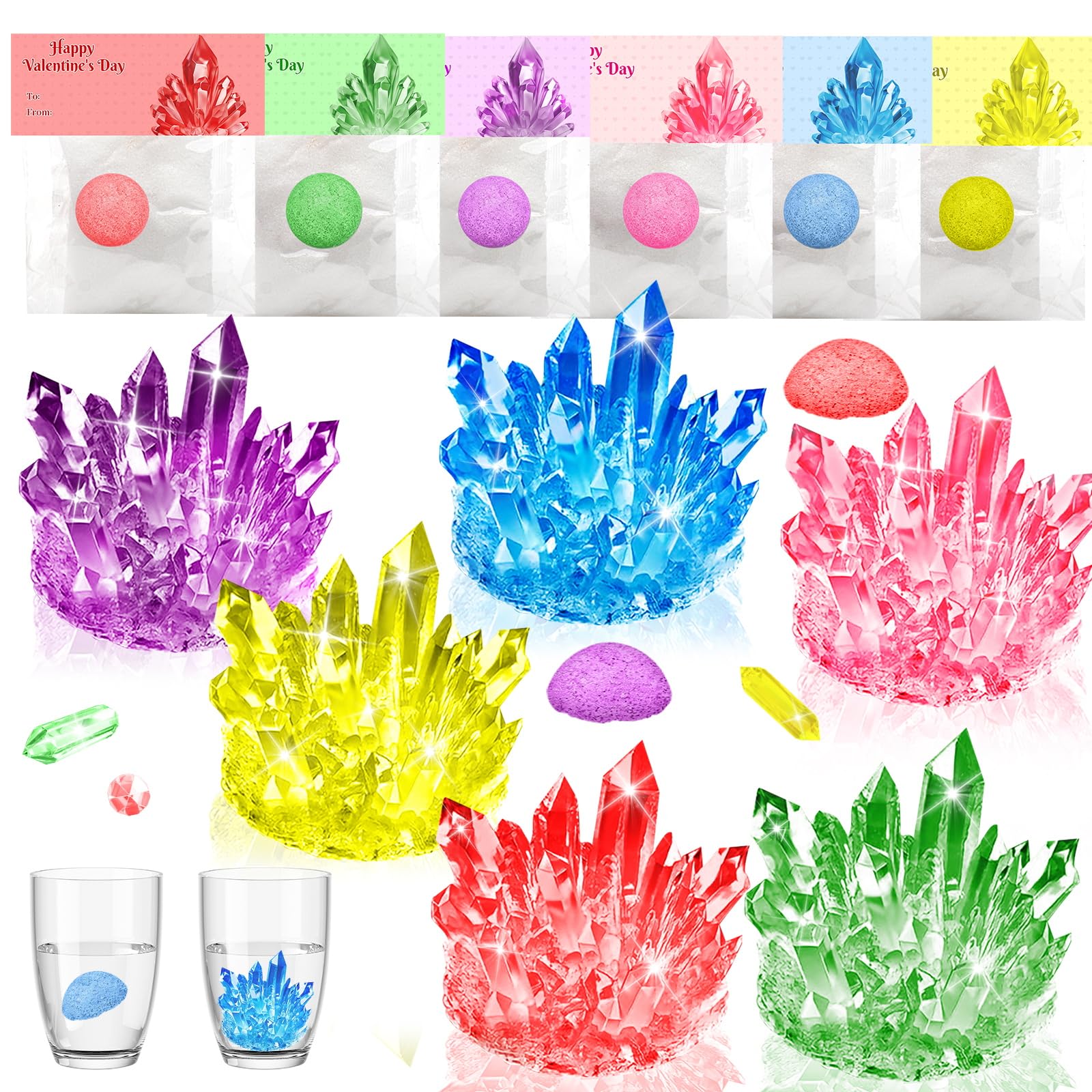 DREACAREFT 24-Pack Valentines Day Crystal Growing Kits for Kids – Cards, Class Party Favors & Gifts