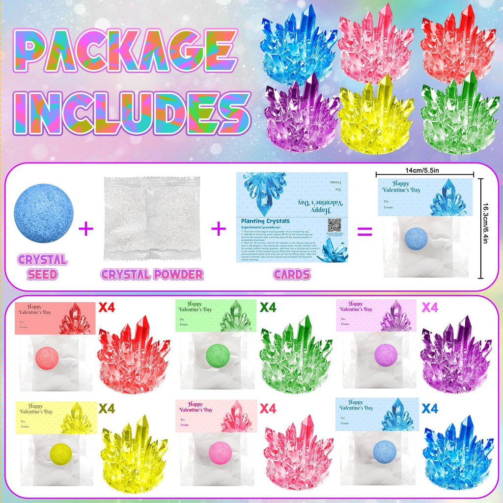 DREACAREFT 24-Pack Valentines Day Crystal Growing Kits for Kids – Cards, Class Party Favors & Gifts