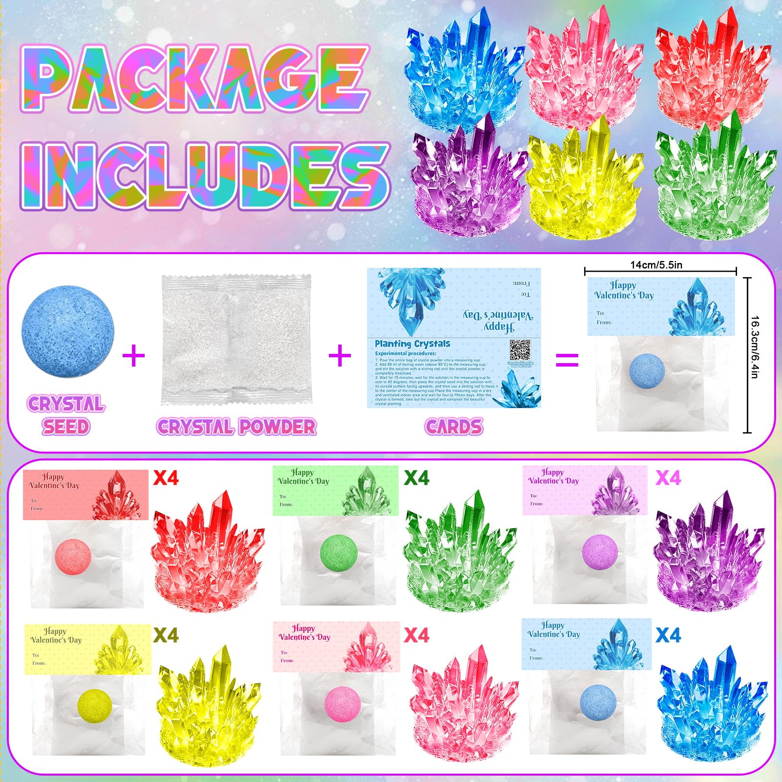 DREACAREFT 24-Pack Valentines Day Crystal Growing Kits for Kids – Cards, Class Party Favors & Gifts