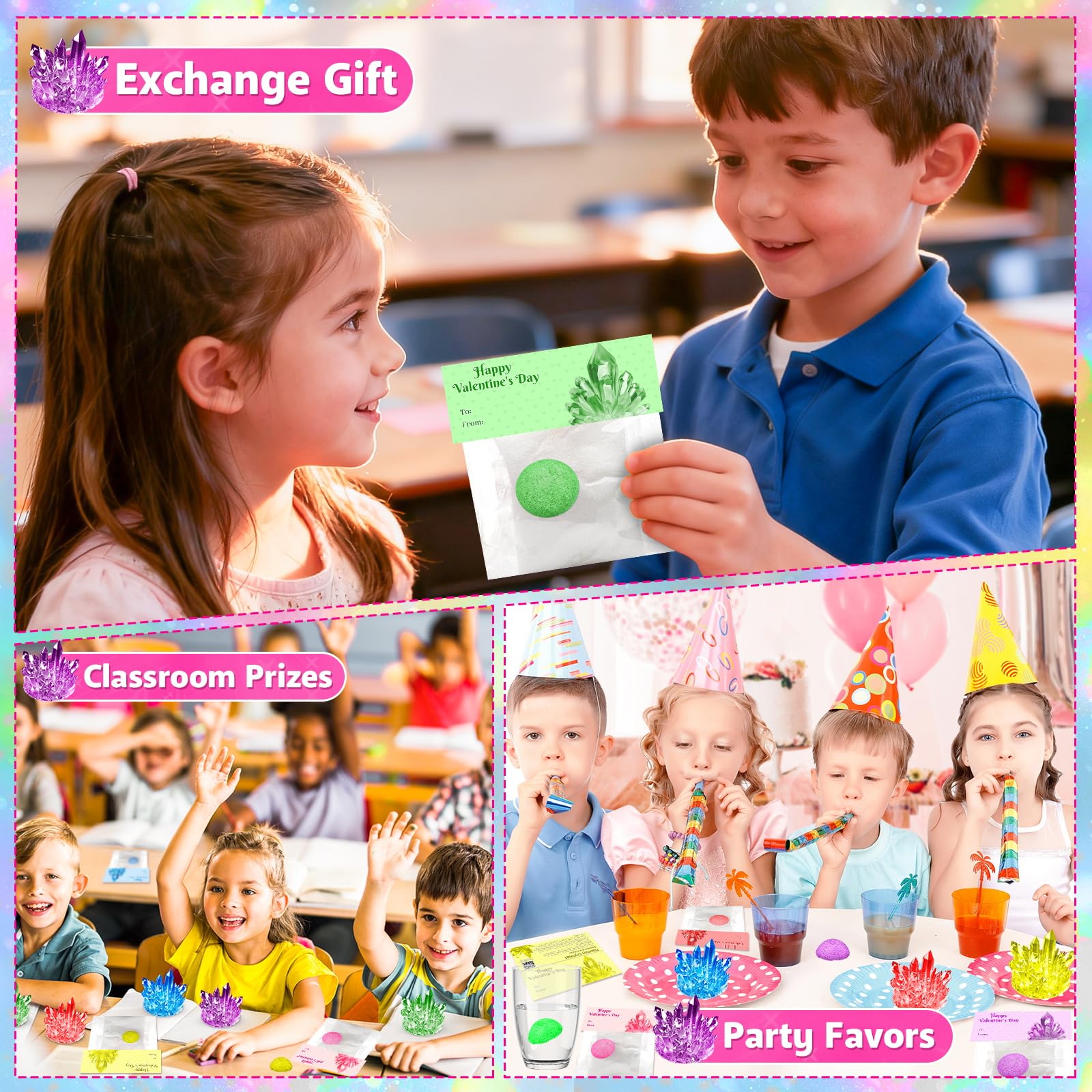 DREACAREFT 24-Pack Valentines Day Crystal Growing Kits for Kids – Cards, Class Party Favors & Gifts