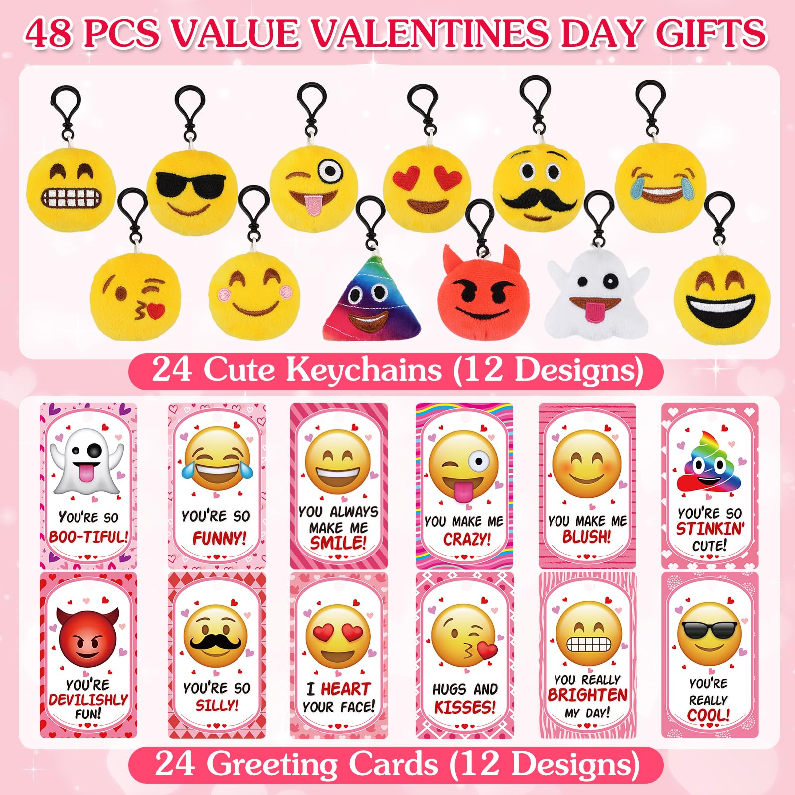 Dreampark Valentines Day Cards for Kids – 24 Pcs with Emoticon Plush Keychains | Classroom Exchange & Party Favors