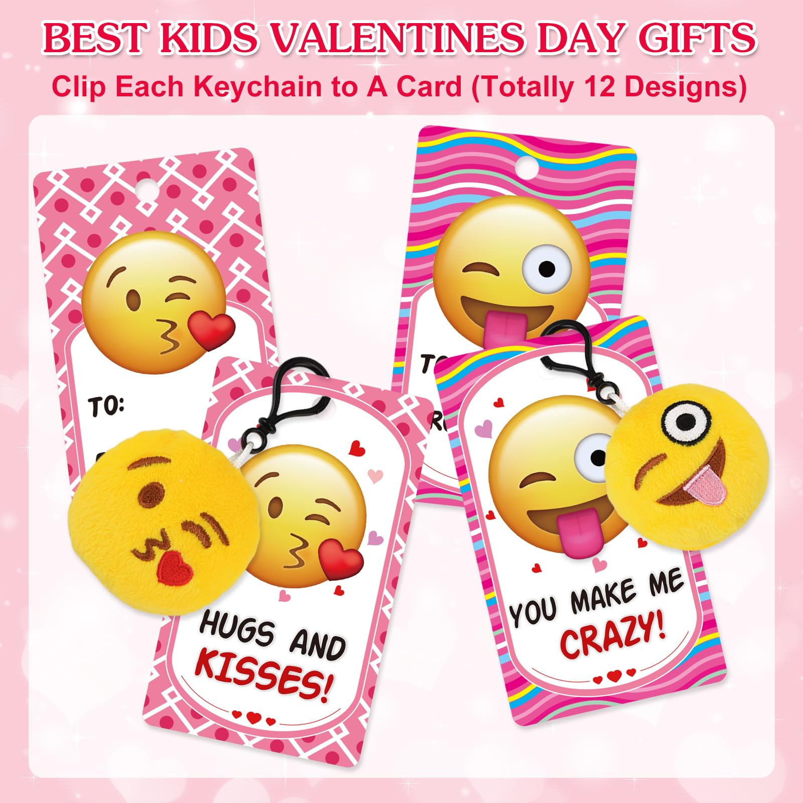 Dreampark Valentines Day Cards for Kids – 24 Pcs with Emoticon Plush Keychains | Classroom Exchange & Party Favors