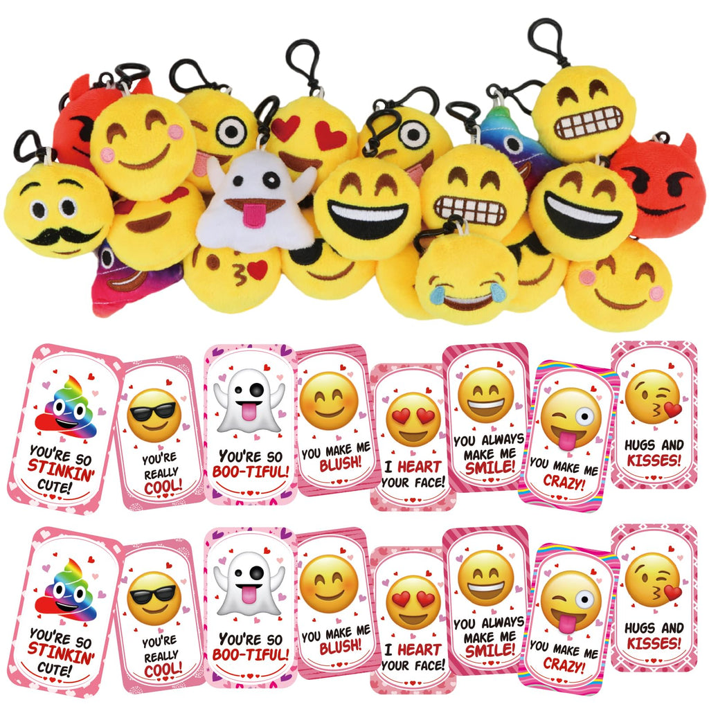 Dreampark Valentines Day Cards for Kids – 24 Pcs with Emoticon Plush Keychains | Classroom Exchange & Party Favors