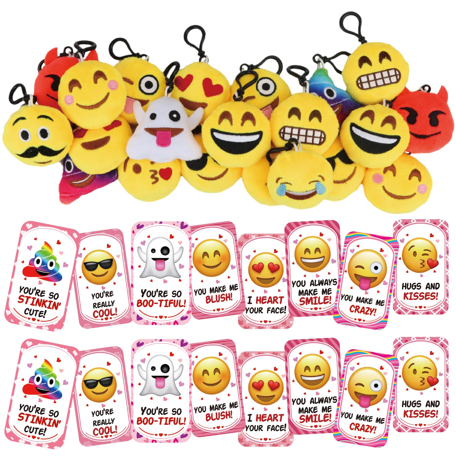 Dreampark Valentines Day Cards for Kids – 24 Pcs with Emoticon Plush Keychains | Classroom Exchange & Party Favors