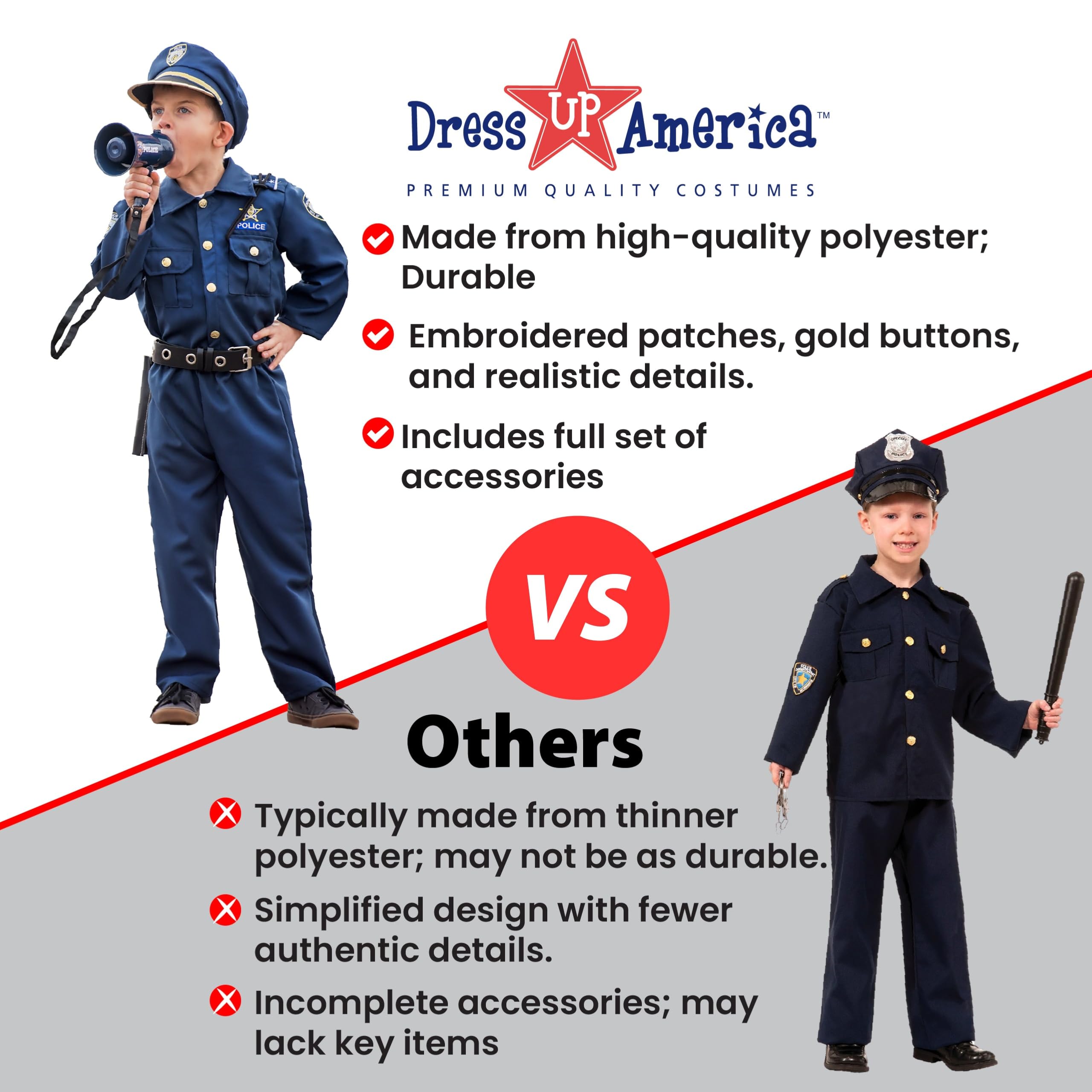 Dress Up America Police Costume for Kids – Realistic Cop Uniform Set with Shirt, Pants, Hat & Accessories