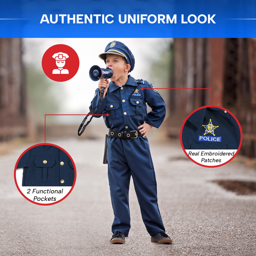 Dress Up America Police Costume for Kids – Realistic Cop Uniform Set with Shirt, Pants, Hat & Accessories