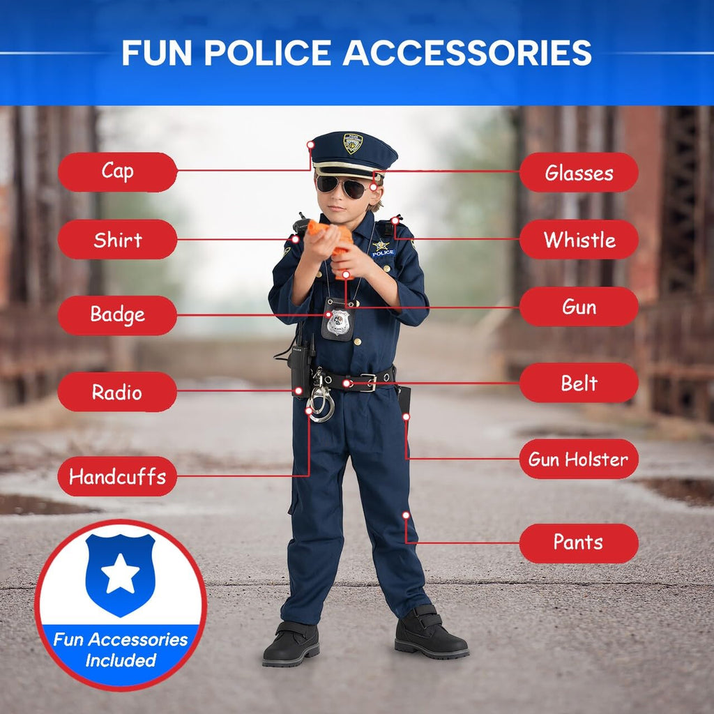 Dress Up America Police Costume for Kids – Realistic Cop Uniform Set with Shirt, Pants, Hat & Accessories