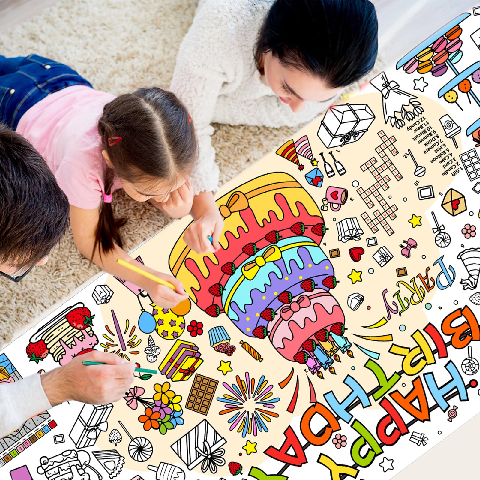 Drunze Happy Birthday Giant Coloring Poster – 35x72 Inch Kids Tablecloth & DIY Birthday Activity