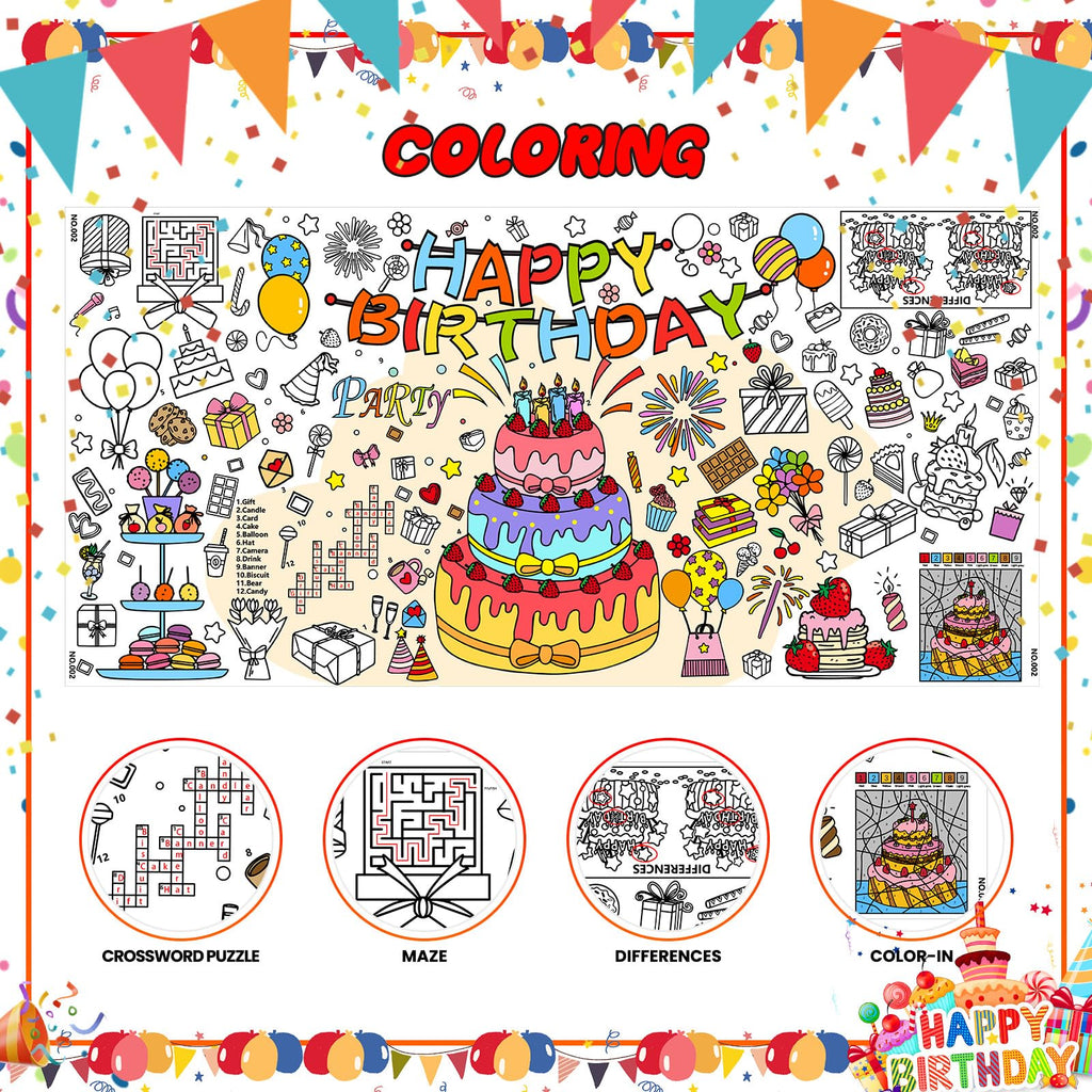 Drunze Happy Birthday Giant Coloring Poster – 35x72 Inch Kids Tablecloth & DIY Birthday Activity