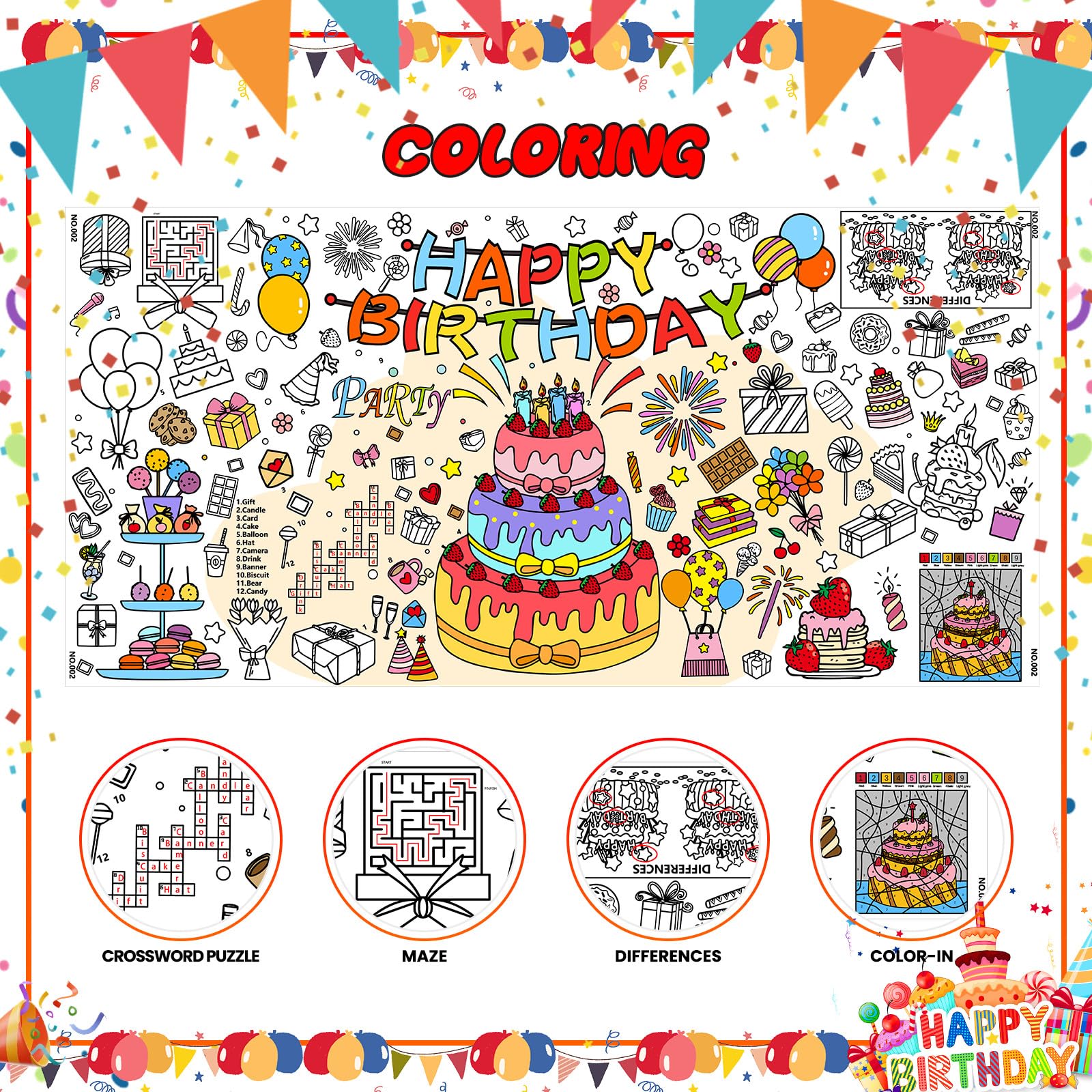 Drunze Happy Birthday Giant Coloring Poster – 35x72 Inch Kids Tablecloth & DIY Birthday Activity