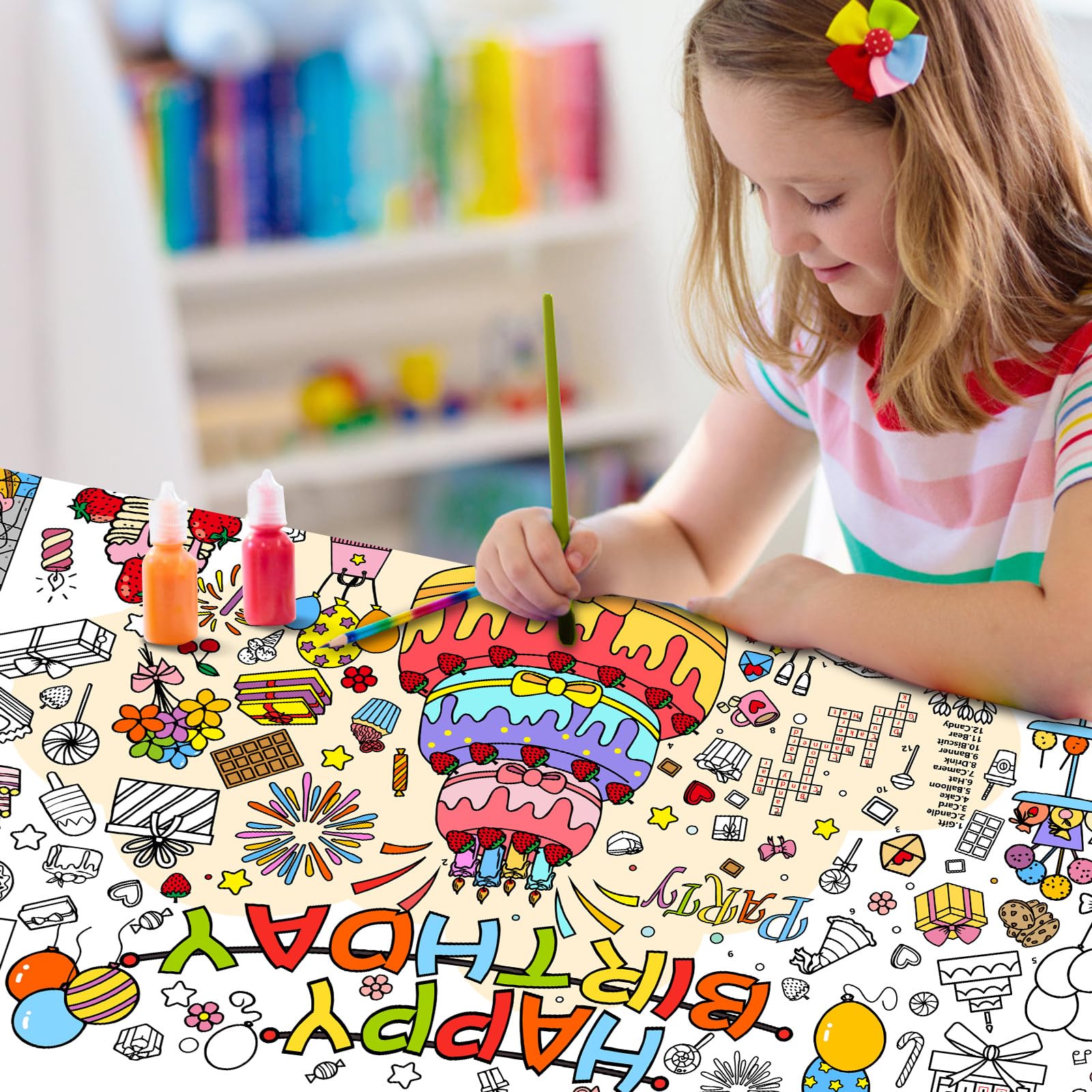 Drunze Happy Birthday Giant Coloring Poster – 35x72 Inch Kids Tablecloth & DIY Birthday Activity