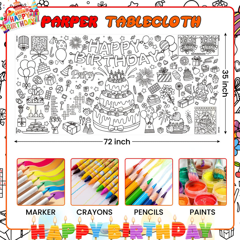 Drunze Happy Birthday Giant Coloring Poster – 35x72 Inch Kids Tablecloth & DIY Birthday Activity