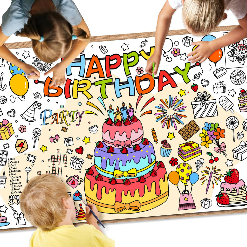 Drunze Happy Birthday Giant Coloring Poster – 35x72 Inch Kids Tablecloth & DIY Birthday Activity