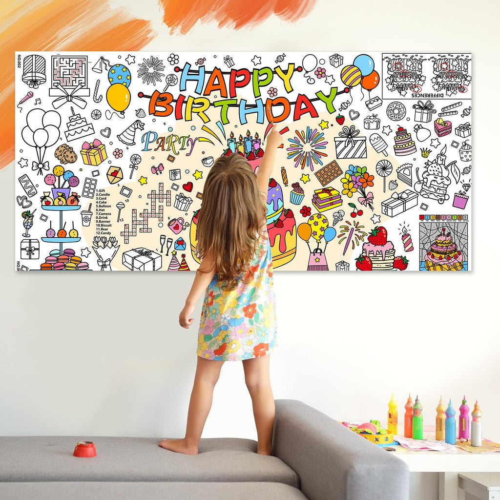 Drunze Happy Birthday Giant Coloring Poster – 35x72 Inch Kids Tablecloth & DIY Birthday Activity