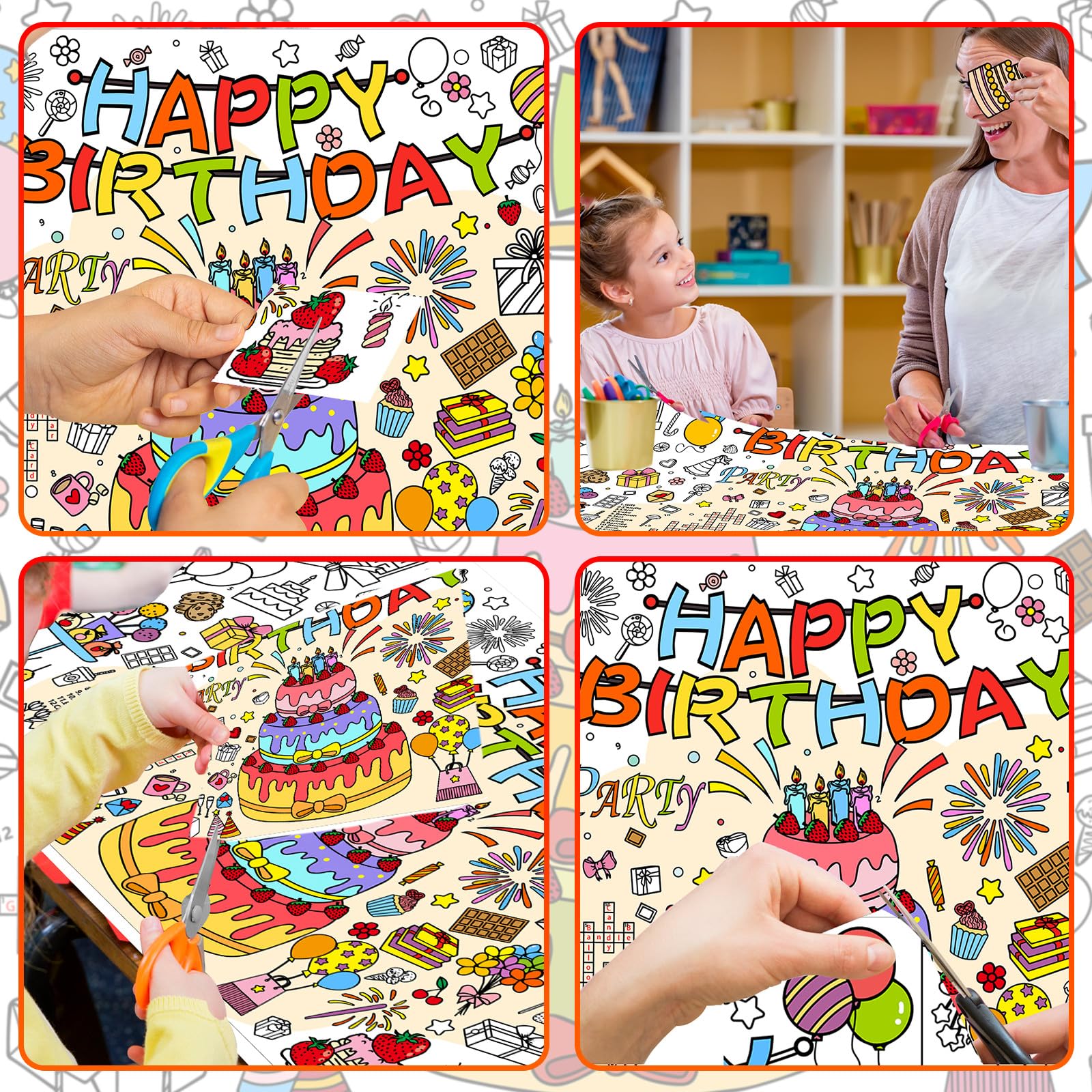 Drunze Happy Birthday Giant Coloring Poster – 35x72 Inch Kids Tablecloth & DIY Birthday Activity