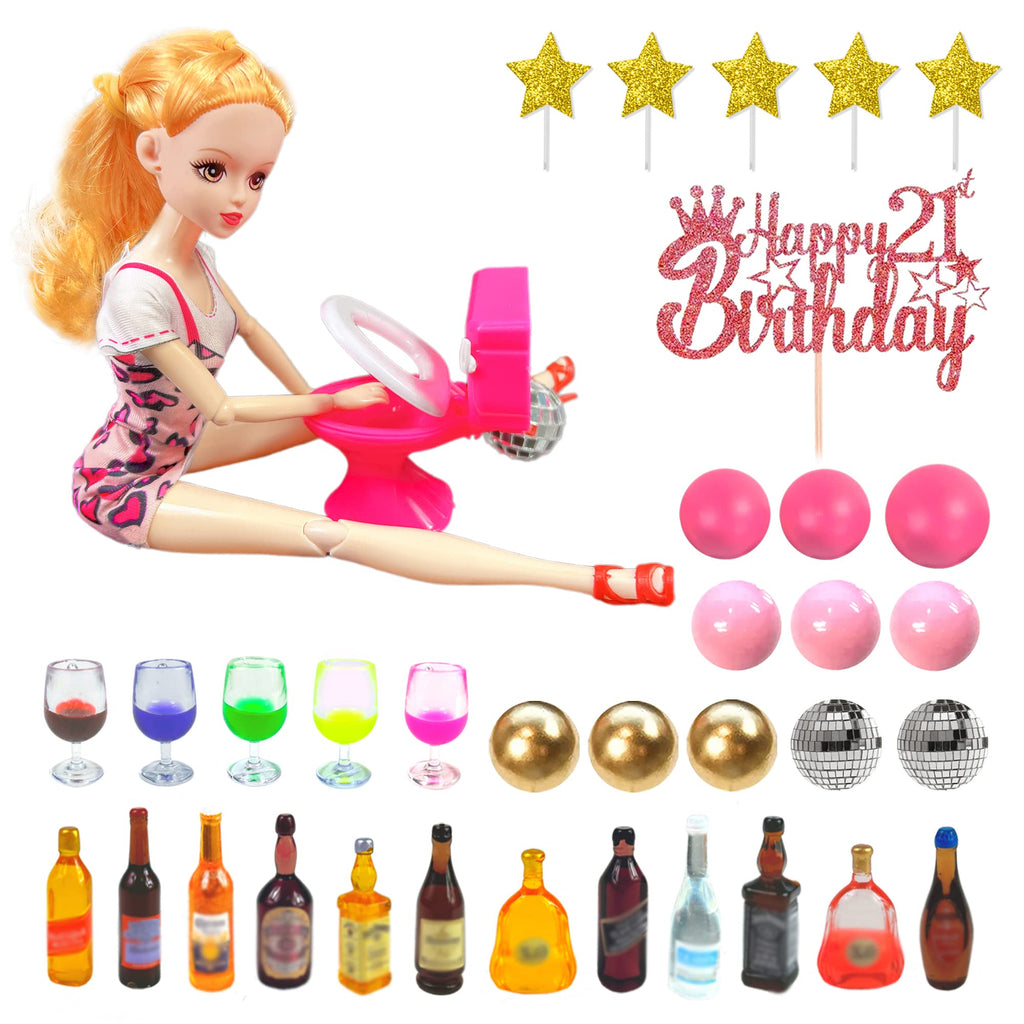 DRWATE 36 PCS Mini Wine Bottles Cake Toppers Set – 12 Mini Bottles, 5 Glasses, 21st Birthday Topper (Pink)