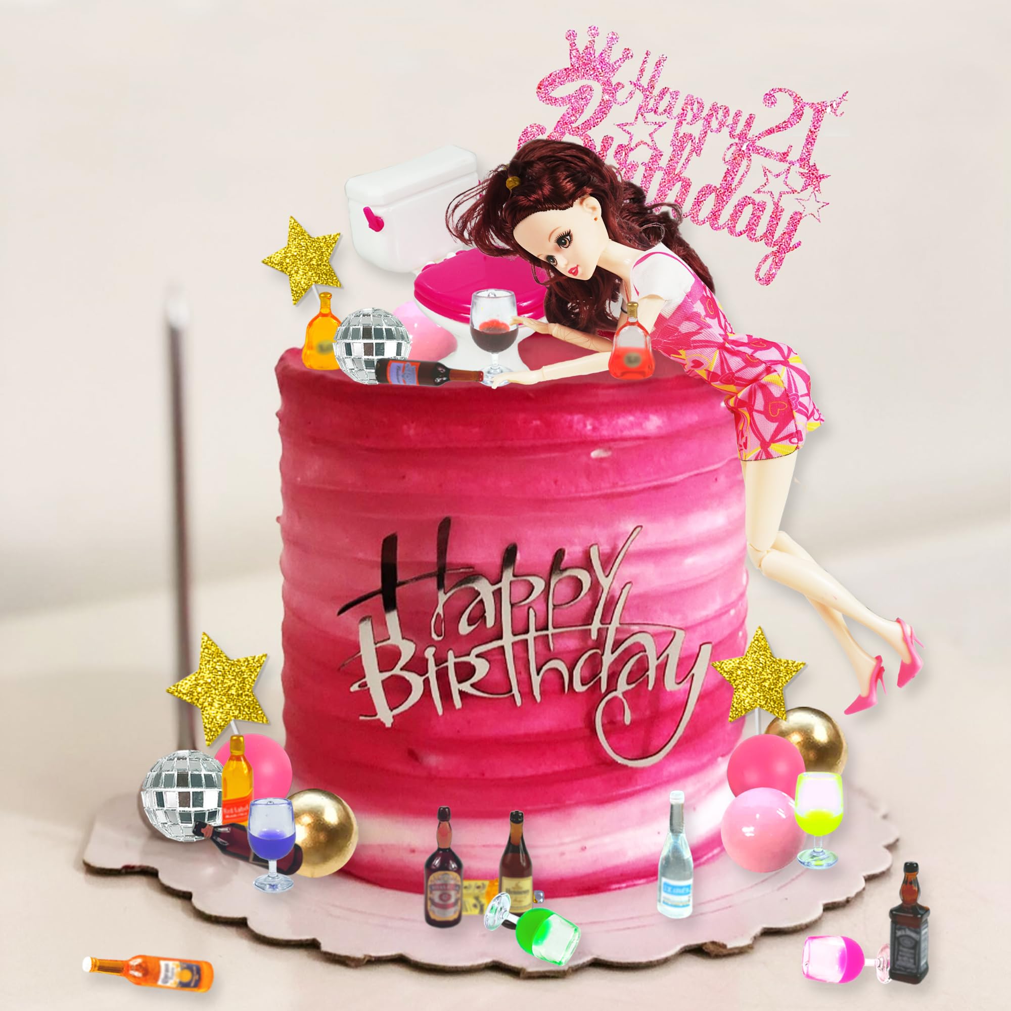 DRWATE Mini Wine Bottles Cake Toppers – 12 Bottles, 5 Glasses, 21st Birthday Topper (Brown)