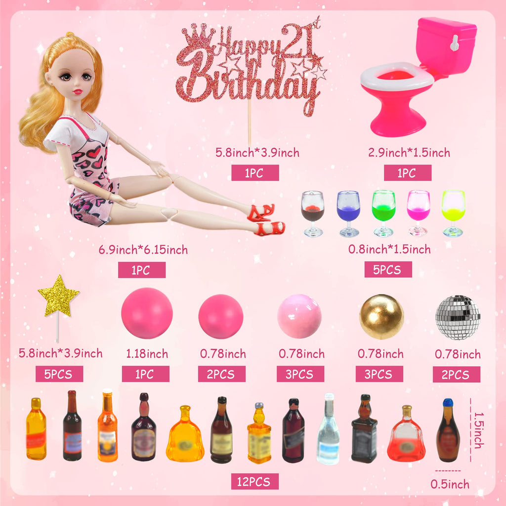 DRWATE 36 PCS Mini Wine Bottles Cake Toppers Set – 12 Mini Bottles, 5 Glasses, 21st Birthday Topper (Pink)
