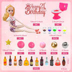 DRWATE 36 PCS Mini Wine Bottles Cake Toppers Set – 12 Mini Bottles, 5 Glasses, 21st Birthday Topper (Pink)