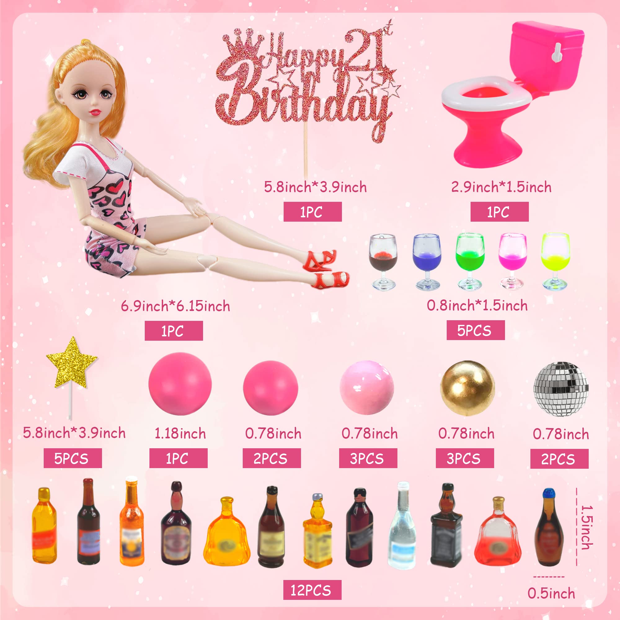 DRWATE 36 PCS Mini Wine Bottles Cake Toppers Set – 12 Mini Bottles, 5 Glasses, 21st Birthday Topper (Pink)