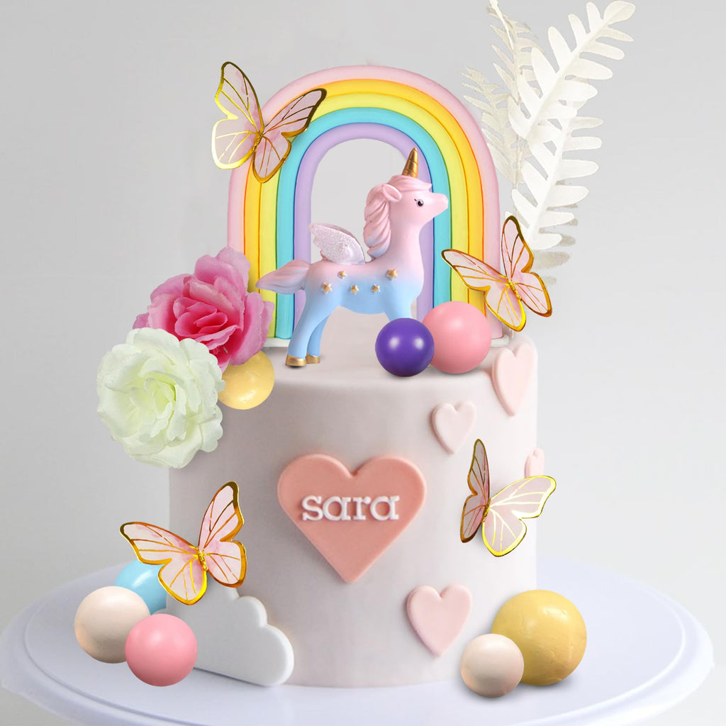 DRWATE 47 PCS Unicorn Cake Topper Set — Rainbow Butterflies & Flowers (Style 2)
