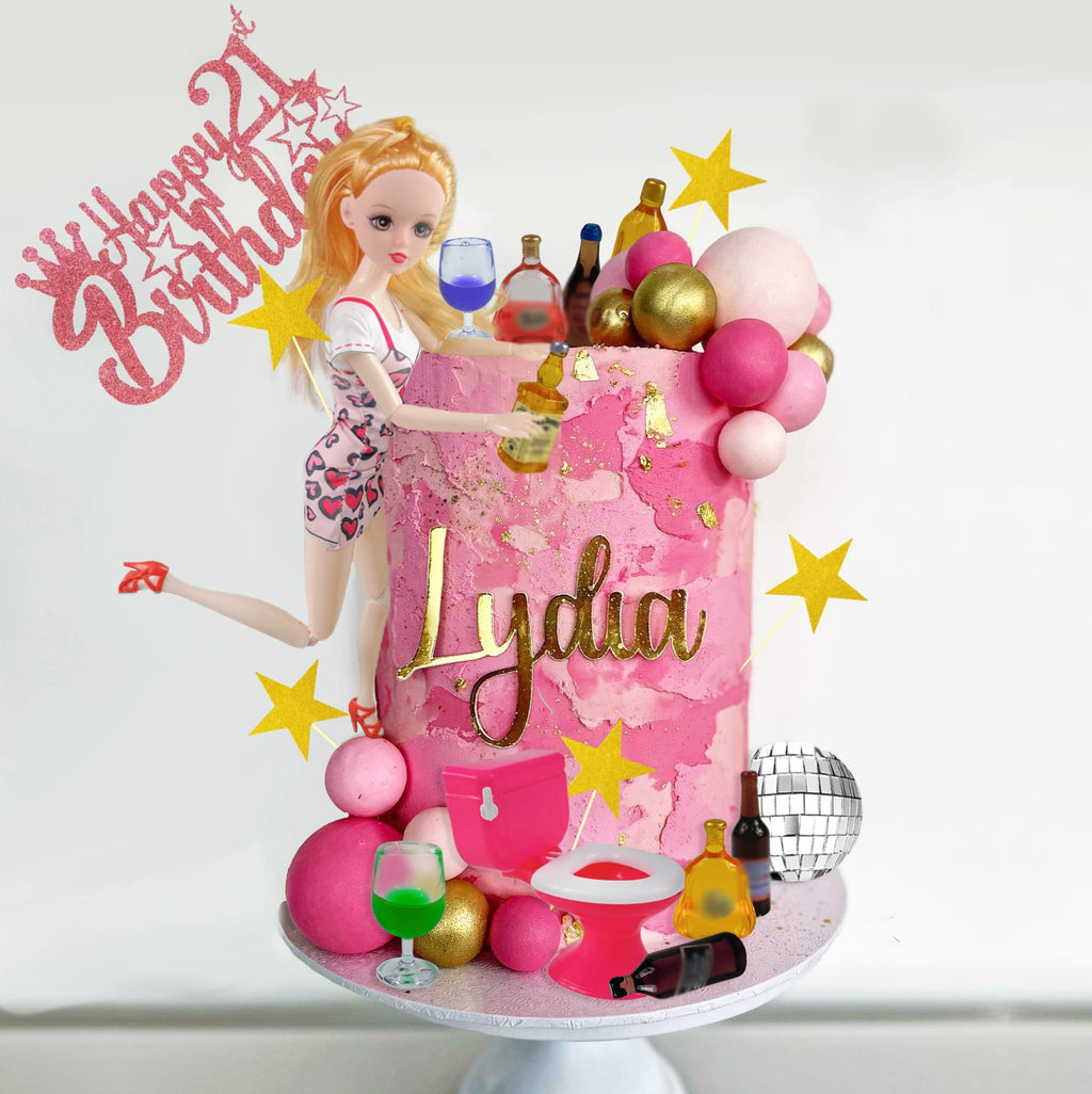 DRWATE 36 PCS Mini Wine Bottles Cake Toppers Set – 12 Mini Bottles, 5 Glasses, 21st Birthday Topper (Pink)