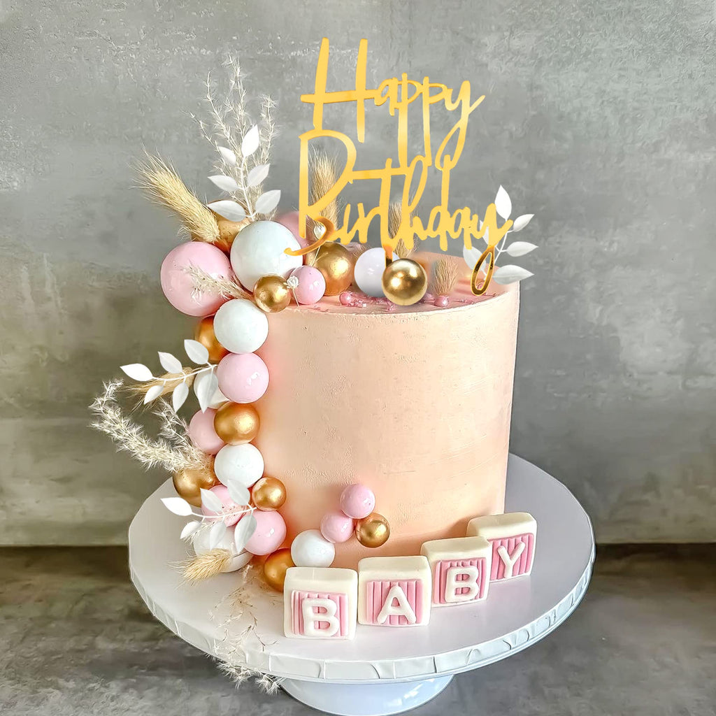 DRWATE Pink Balls Cake Topper – Boho Grass Topper with Pink White Gold Balls for Weddings & Birthdays