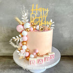 DRWATE Pink Balls Cake Topper – Boho Grass Topper with Pink White Gold Balls for Weddings & Birthdays