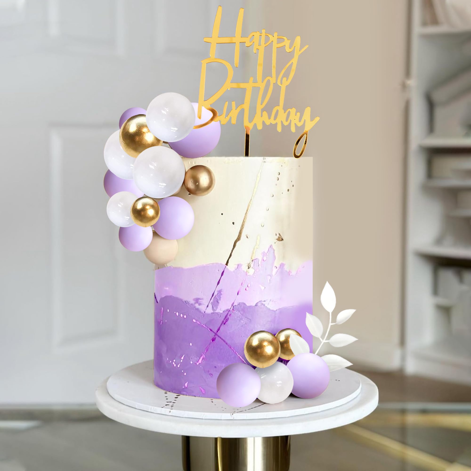 DRWATE Purple Balls Boho Grass Cake Topper – Purple, White & Gold Decor