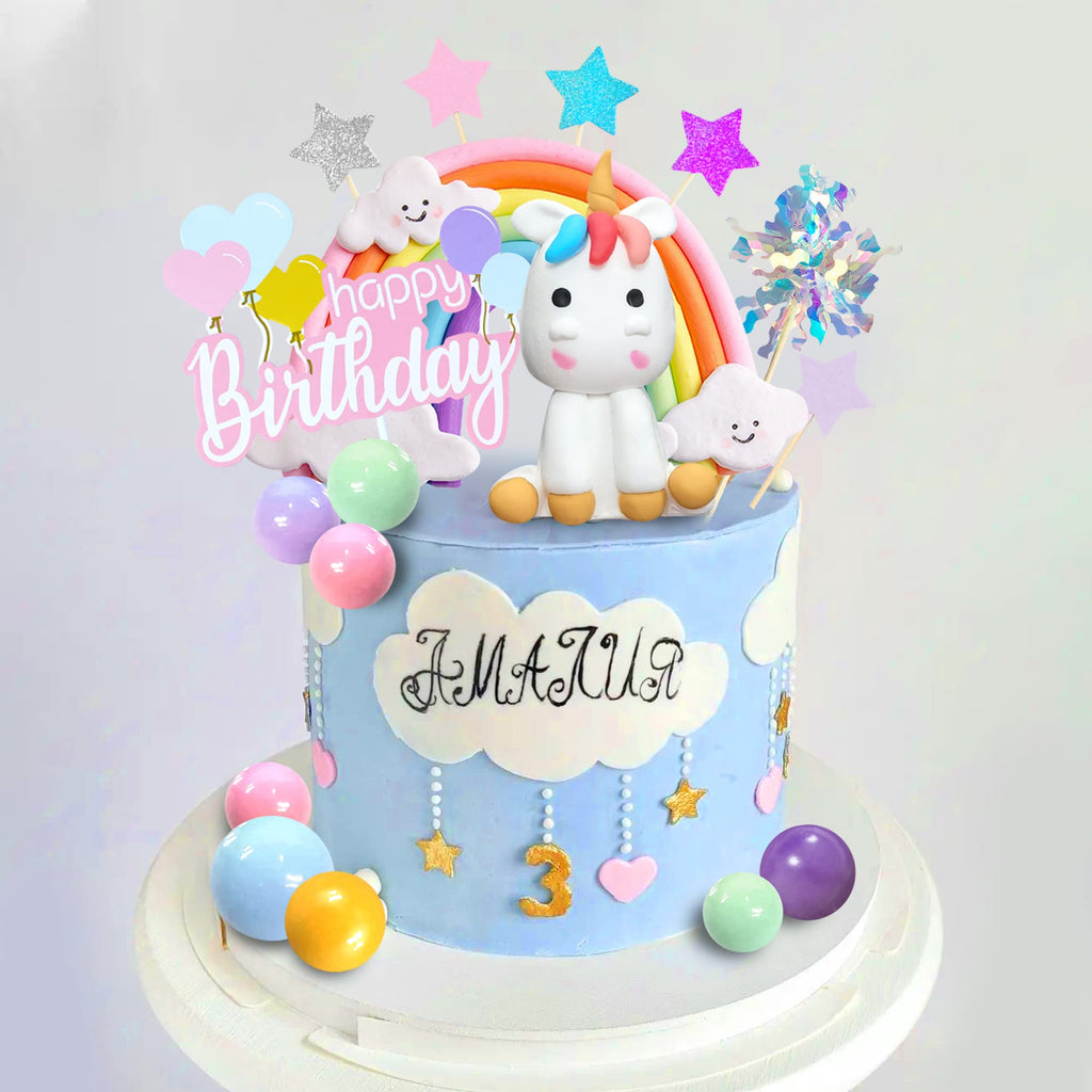 DRWATE 18-Piece Unicorn Cake Topper Set – Rainbow Decorations with Rainbow Stars & Foil Firework Balls (Style 1)