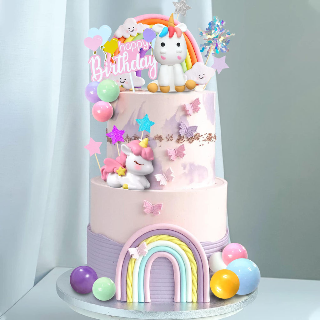 DRWATE 18-Piece Unicorn Cake Topper Set – Rainbow Decorations with Rainbow Stars & Foil Firework Balls (Style 1)