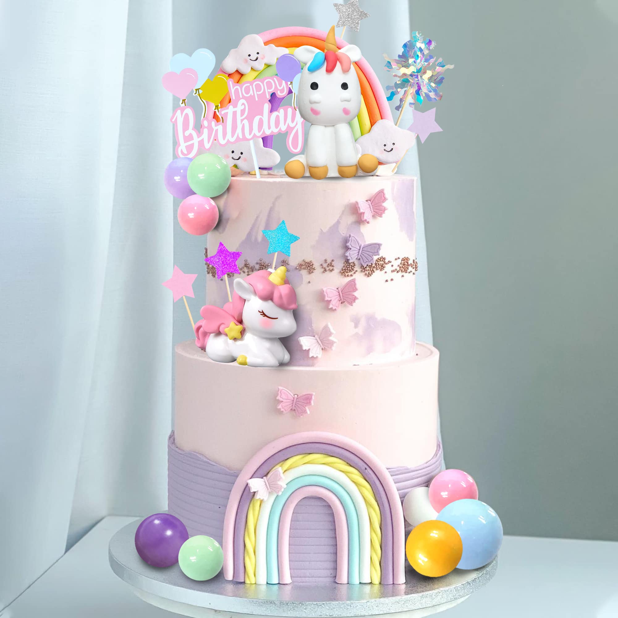 DRWATE 18-Piece Unicorn Cake Topper Set – Rainbow Decorations with Rainbow Stars & Foil Firework Balls (Style 1)